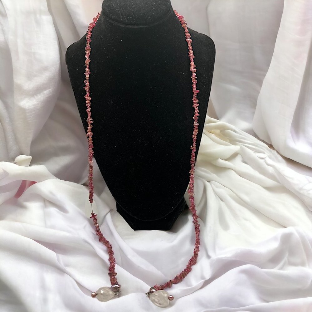 Rhodolite Garnet Chip Pink Dangles at Ends Silver-Tone Open Necklace!